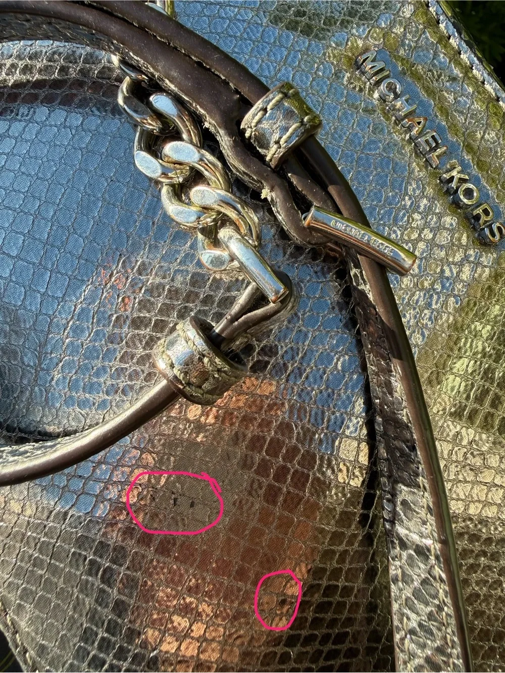 Michael Kors Ginny Metallic Pewter Snakeskin Camera Crossbody Bag READ DESC.